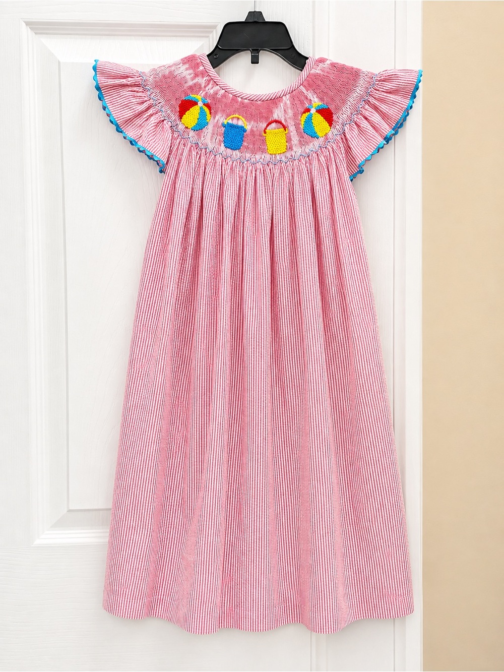 Girls 3T- Red Striped Beach Smocked Dress with Blue Trim and Embroidery